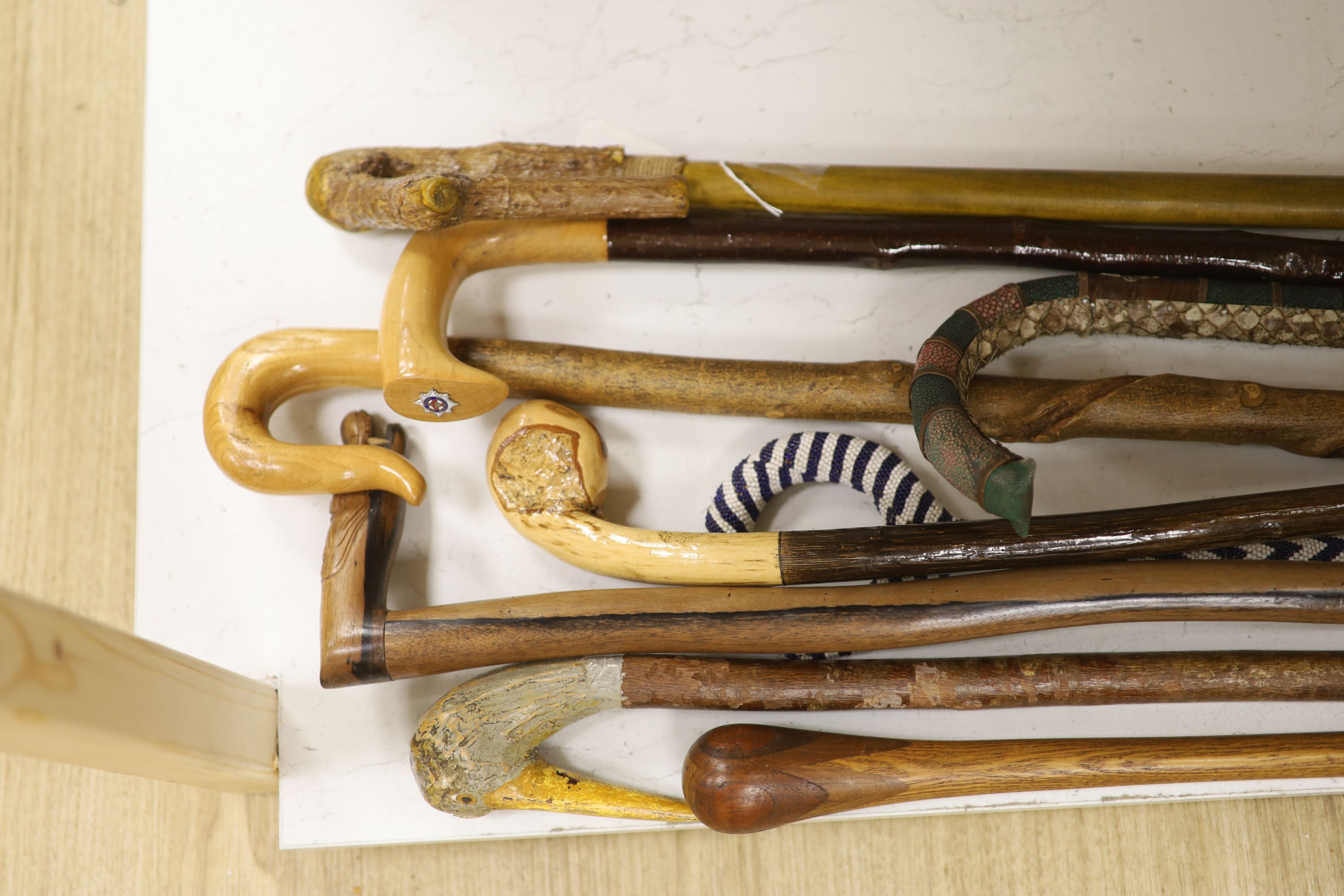 A collection of nine various handled walking sticks